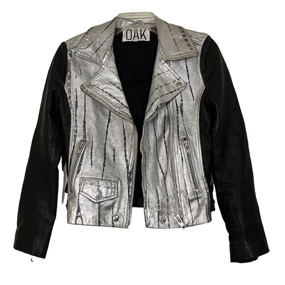 OAK Genuine Leather Black and silver metallic motorcycle riding zip up jacket S - Picture 1 of 8